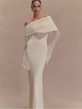 Meshki Cream Off-Shoulder Long Sleeve Gown